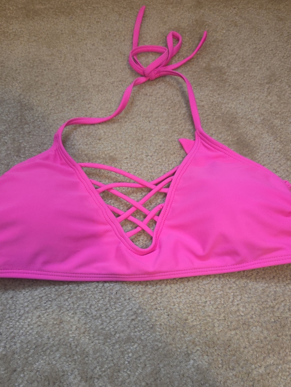 Women’s Pink Lattice-Front Halter Bikini Top